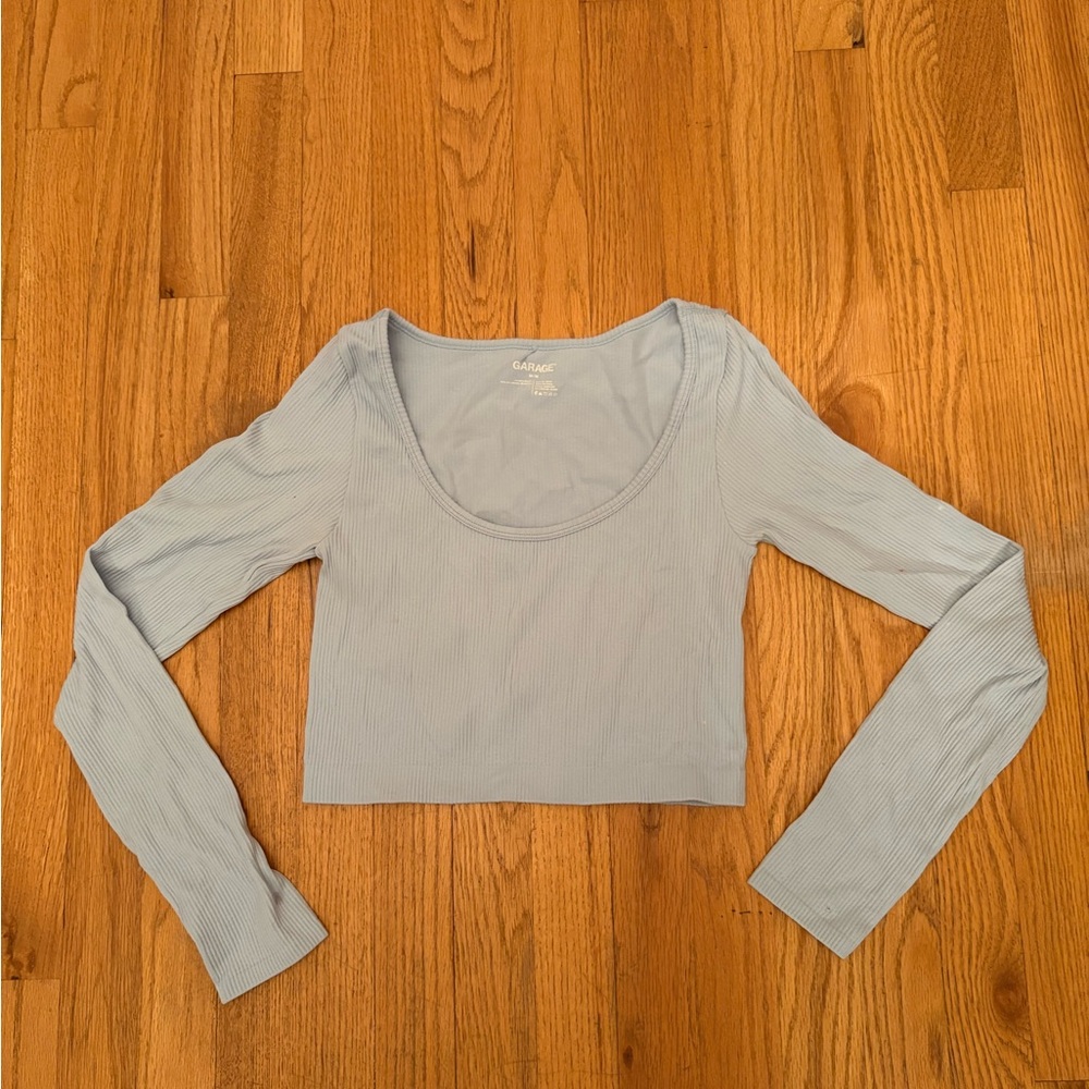Garage Light Blue Ribbed Long Sleeve Blouse
